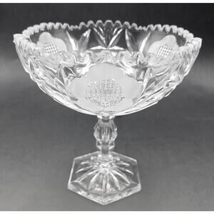Vintage Footed Compote Candy Dish Etched Flowers Sawtooth Rim 7x6.5" YK